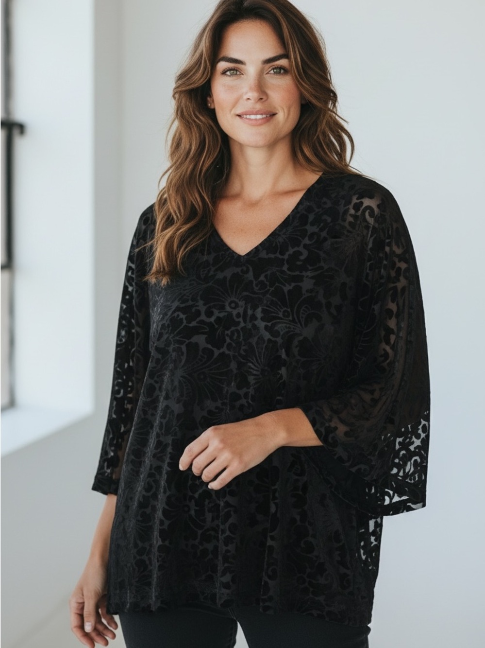 Roaman's Black Velvet Burnout V-Neck Blouse